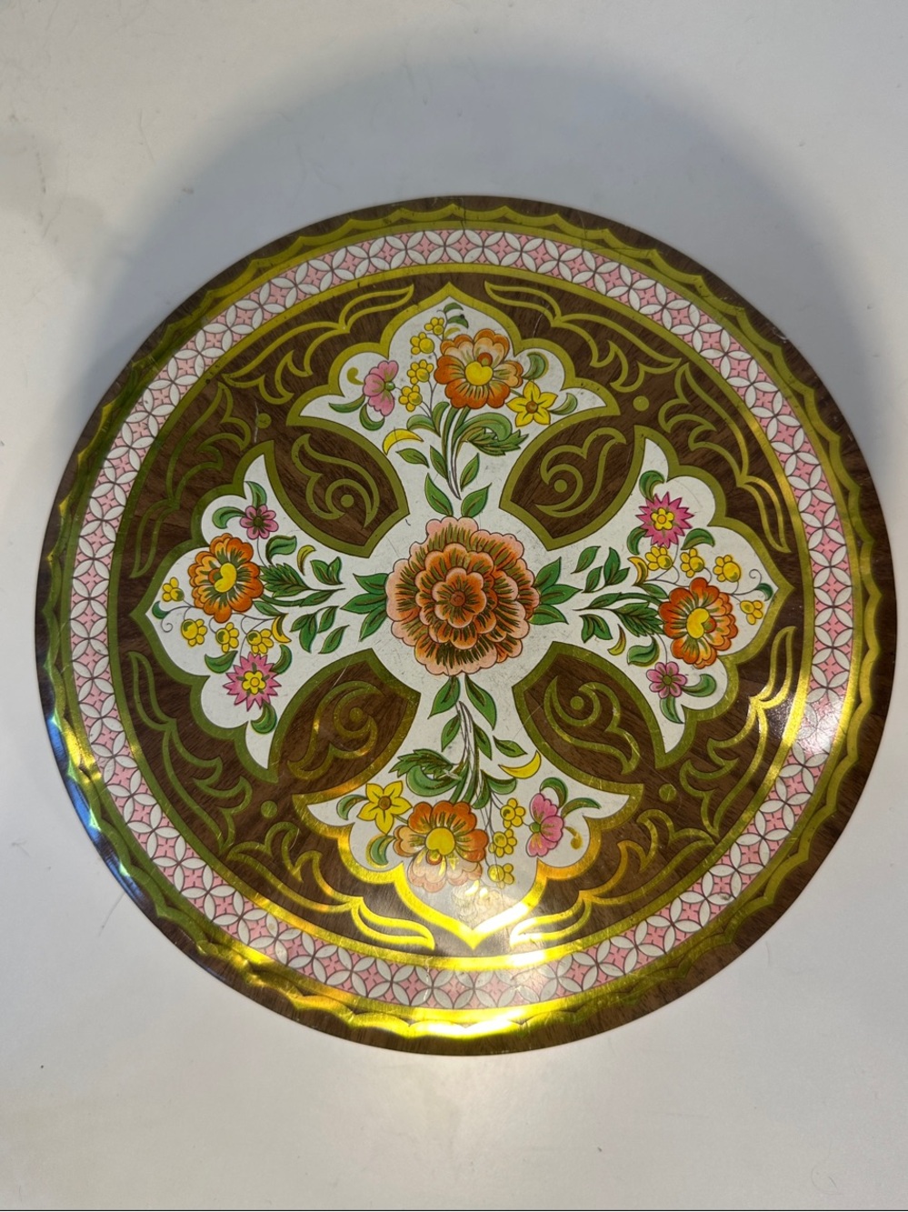 Decorative Floral Tin Lid with Gold and Pink Accents
